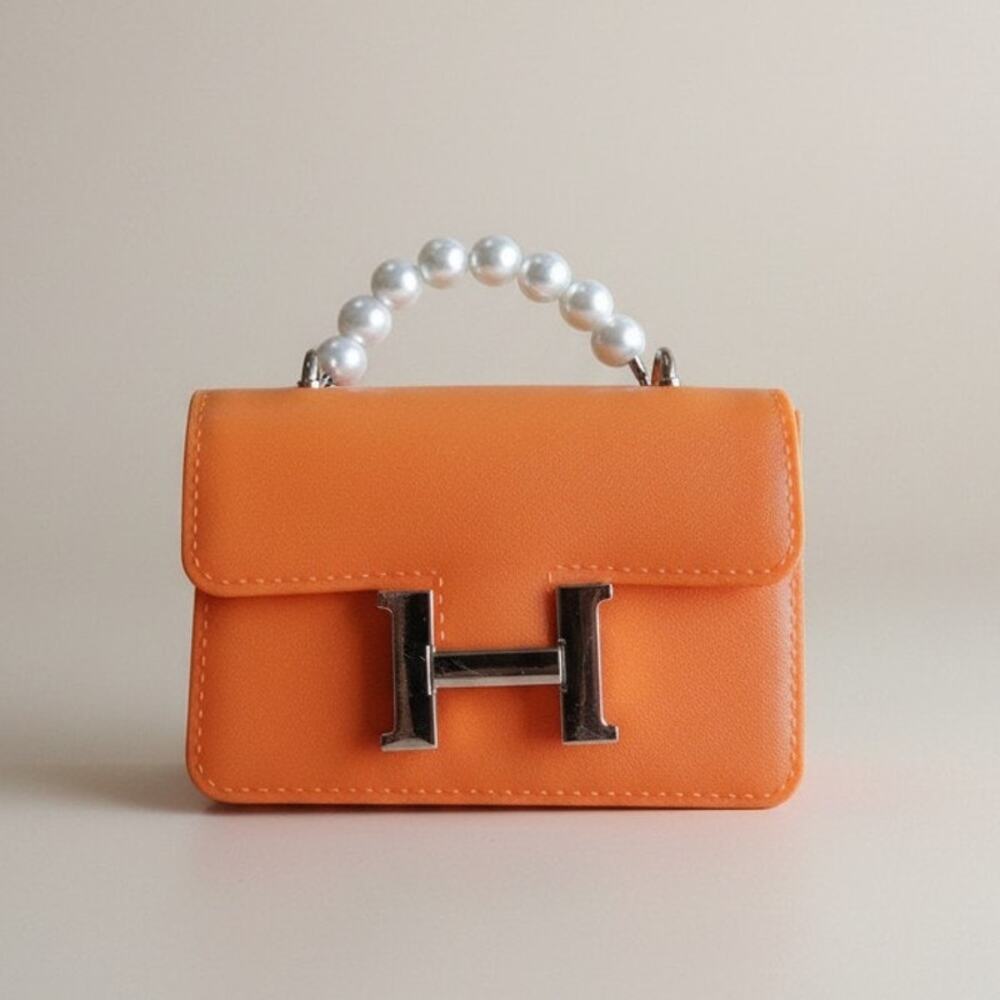 Girls Orange Mini Handbag Pearl Handle H Buckle Plastic Toy Purse
